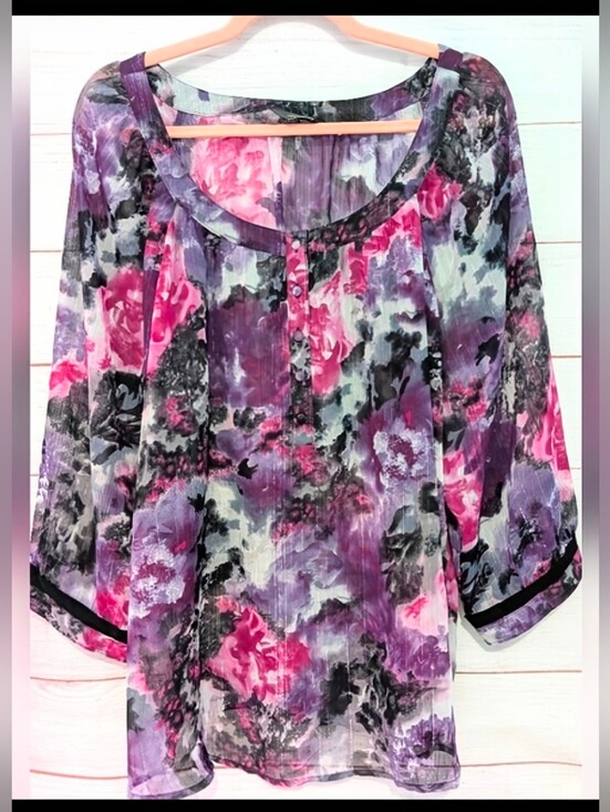Denver Hayes Tops - Denver Hayes Floral Chiffon Blouse - Purple and Pink 🩷 Size 2xl